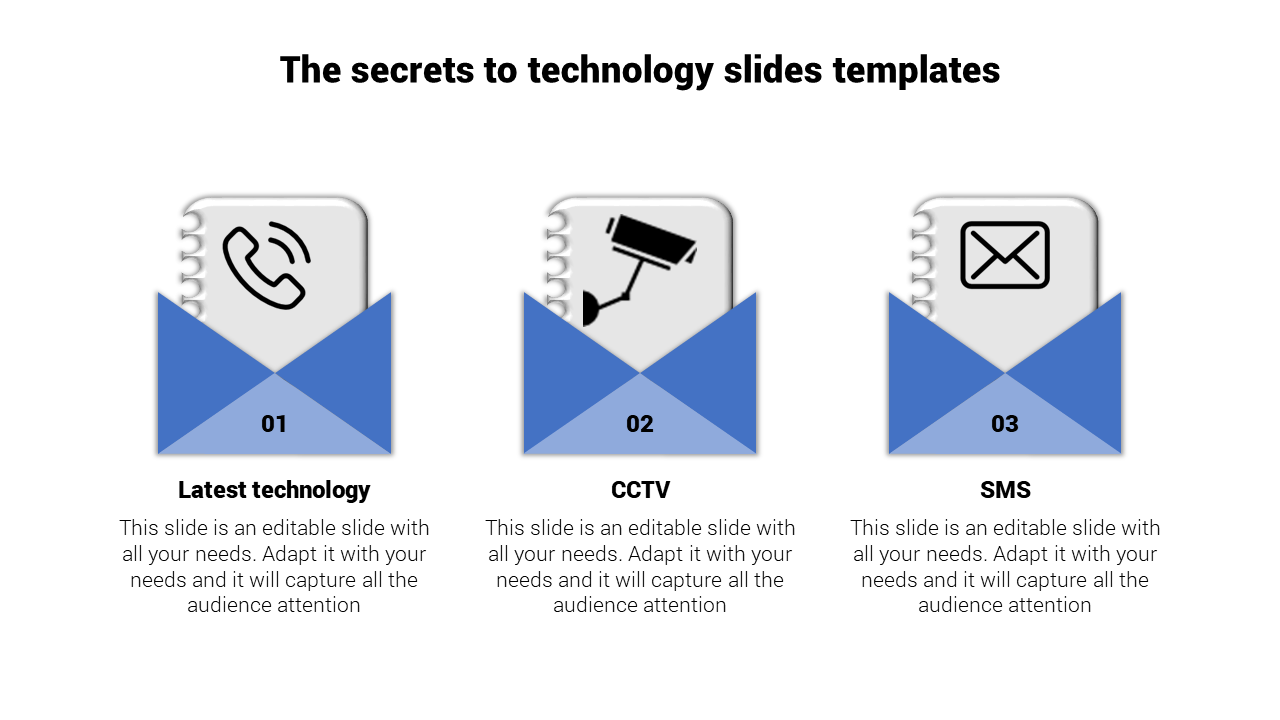 Technology themed slide showing spiral notebook designs with icons and descriptions beneath blue triangular shapes.