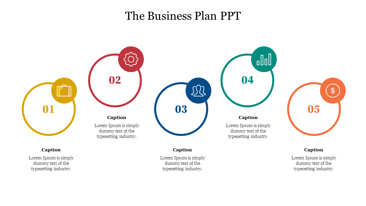 Horizontal timeline with five labeled sections, each featuring icons for various business concepts and captions areas.