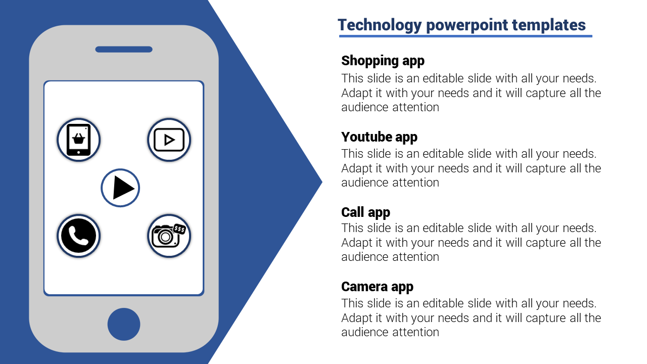 Slide showing a smartphone illustration with four app icons and text descriptions on a blue and white background.