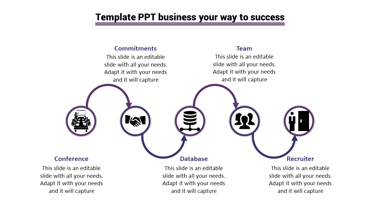 Business journey template with a path connecting five circular icons representing key milestones.