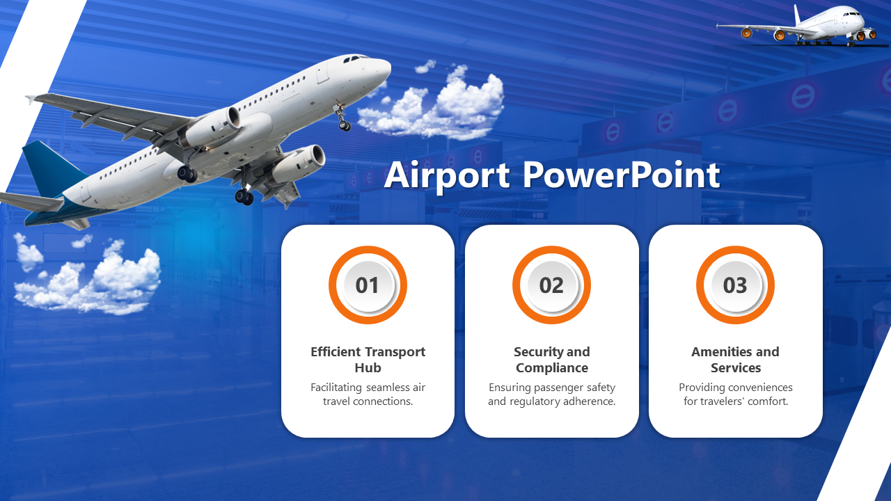 Airport-themed slide with three content boxes focusing on transport, security, and amenities, on a blue background.