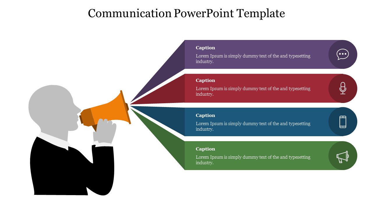 Silhouette speaking through a megaphone, with four text boxes in purple, red, blue, and green extending to the right.