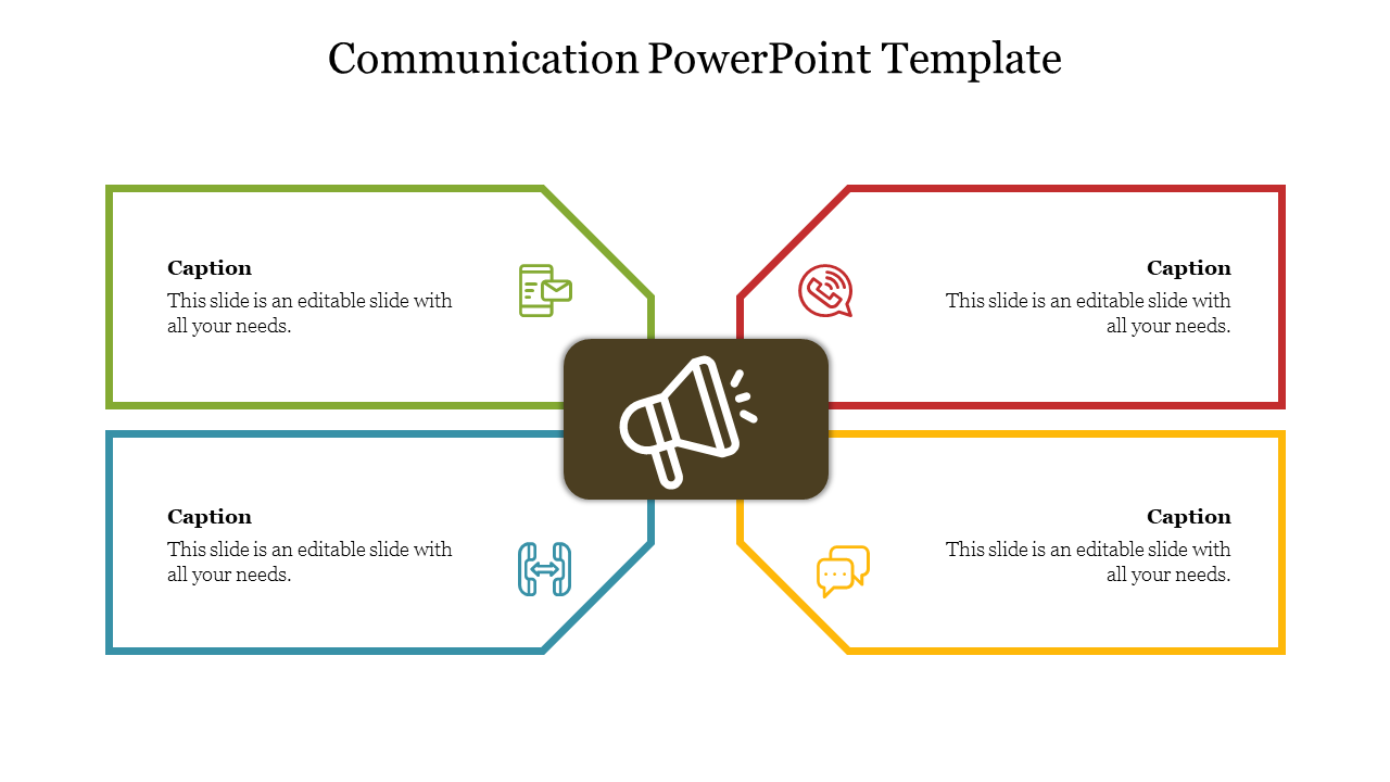 PowerPoint slide featuring icons for different communication methods, with placeholders for captions in a grid layout.