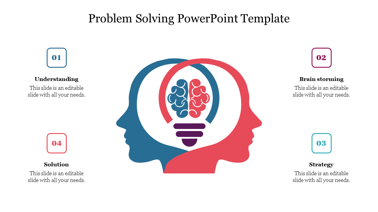 Step-by-step problem-solving slide with four numbered arrows in teal and blue color with placeholder text.