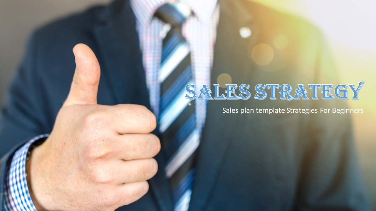 Close up of a person in a suit and tie giving a thumbs-up gesture, with blue text overlay on the right.