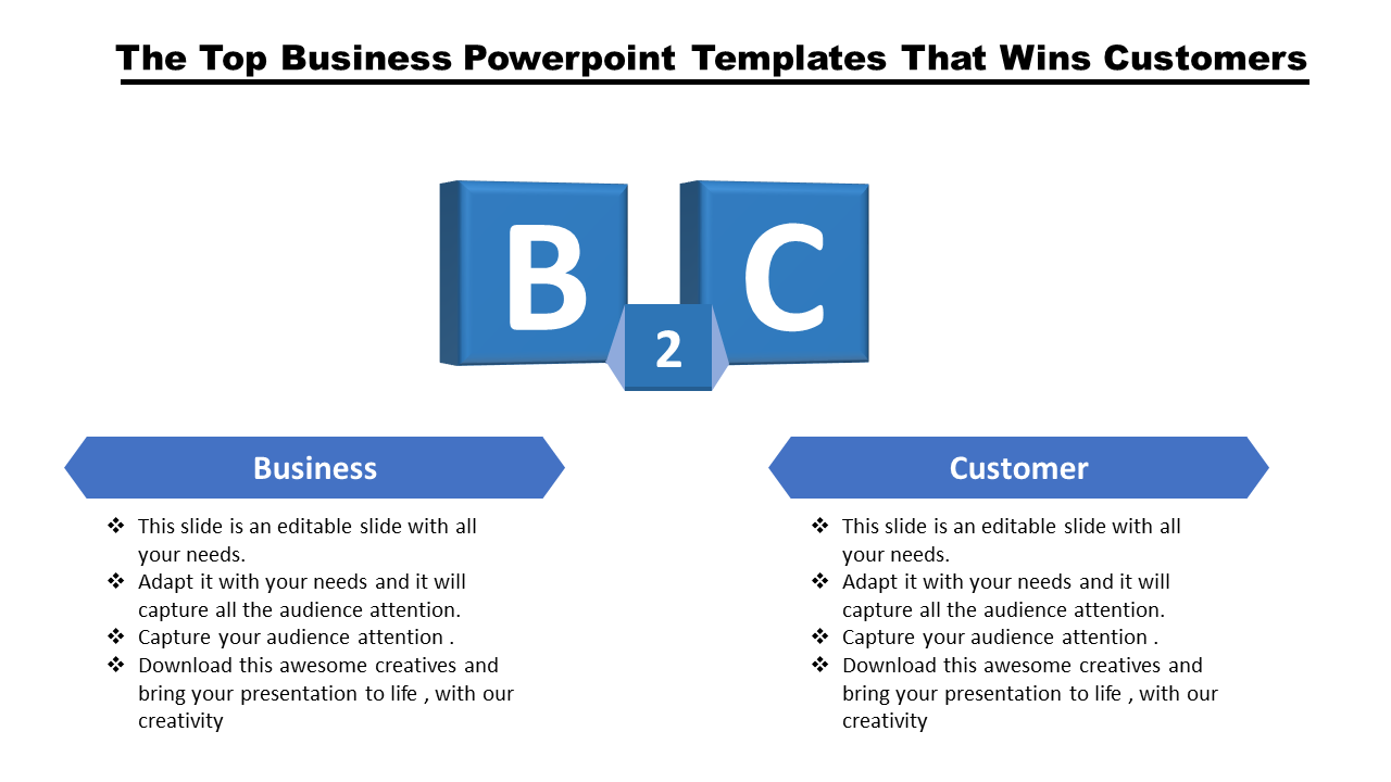 B2C infographic with blue 3D blocks and segmented business and customer text boxes below in blue banners.