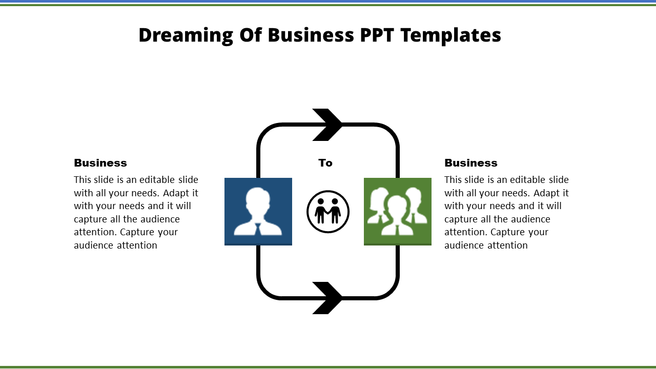 Business PPT slide showing two sections, one with a single person and the other with a group, illustrating transitions.