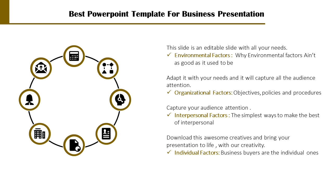 Circular infographic with eight icons representing business concepts, paired with text detailing organizational factors.