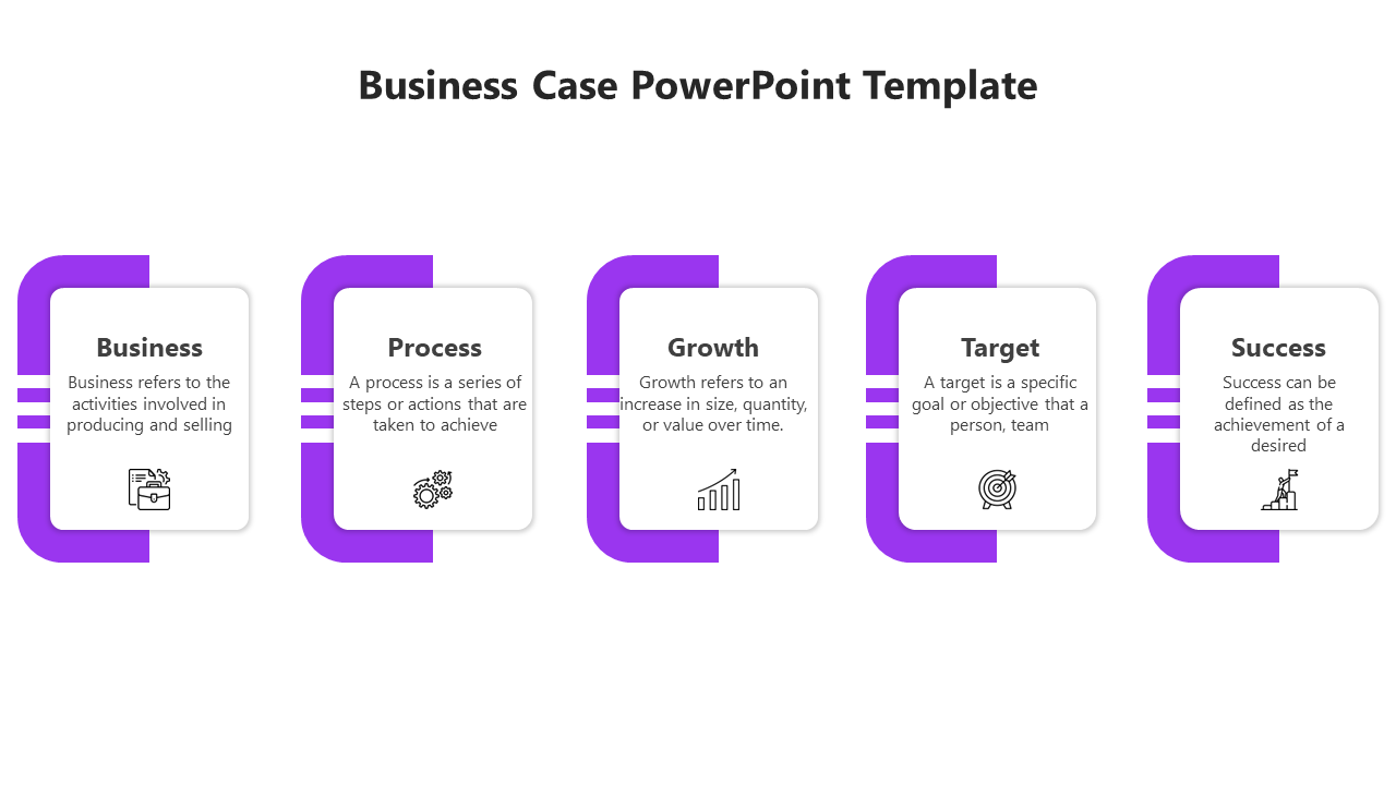 Business idea PowerPoint template with five steps from Business to Success, in a modern purple design with icons.