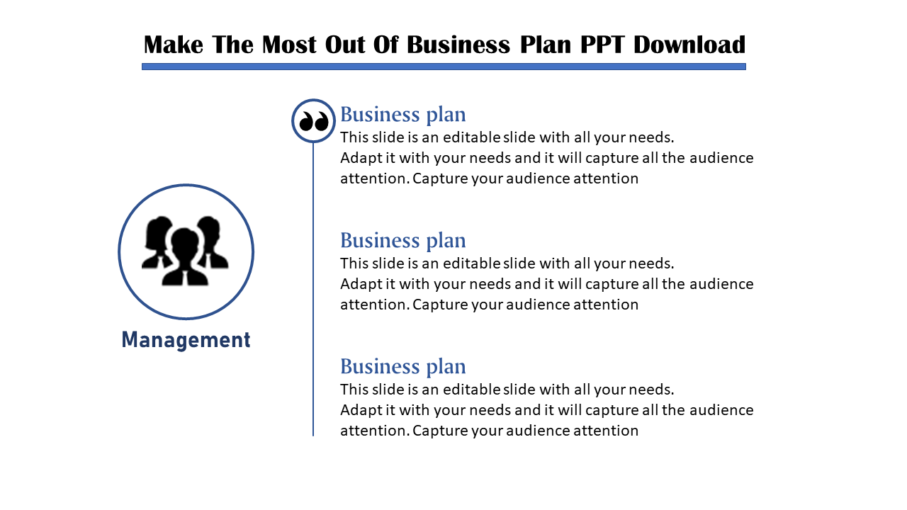 Professional business plan slide featuring sections on business plans under the management category with placeholder text.