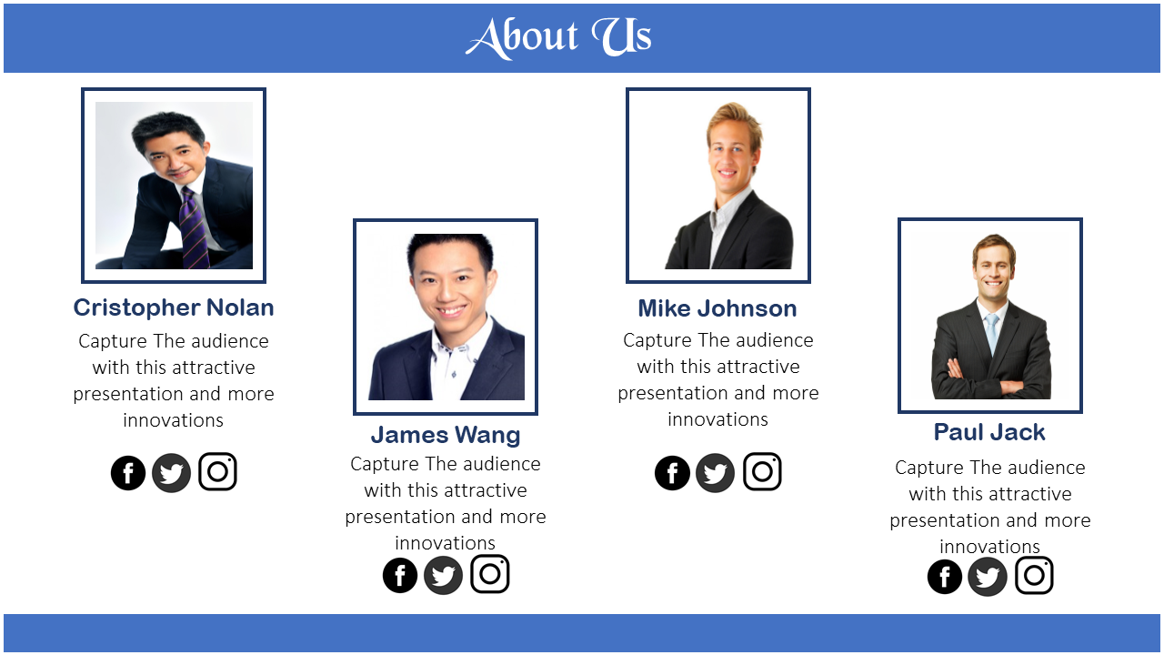 About Us slide featuring portraits of Christopher Nolan, James Wang, Mike Johnson, and Paul Jack with social media icons.