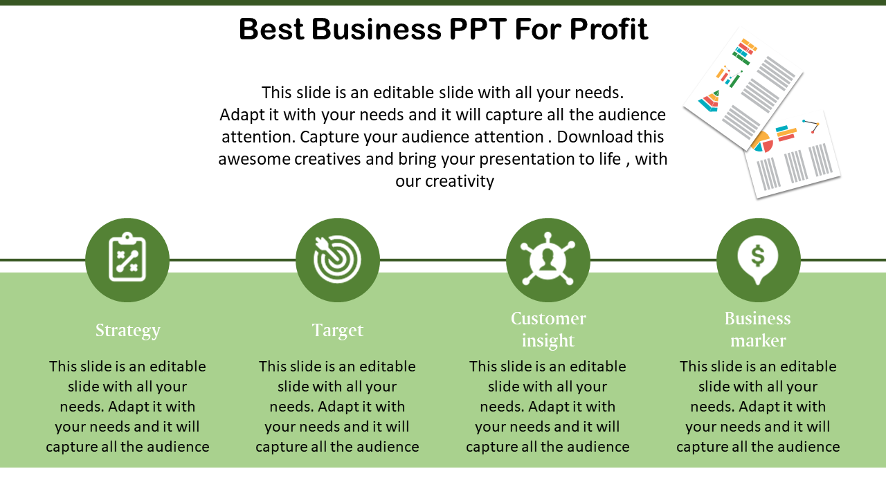 Business PPT template featuring sections for strategy, target, customer insight, and business marker with icons and text.