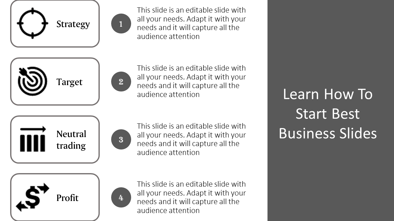 Business themed slide with four labeled icons and detailed descriptions aligned vertically, emphasizing structured goals.