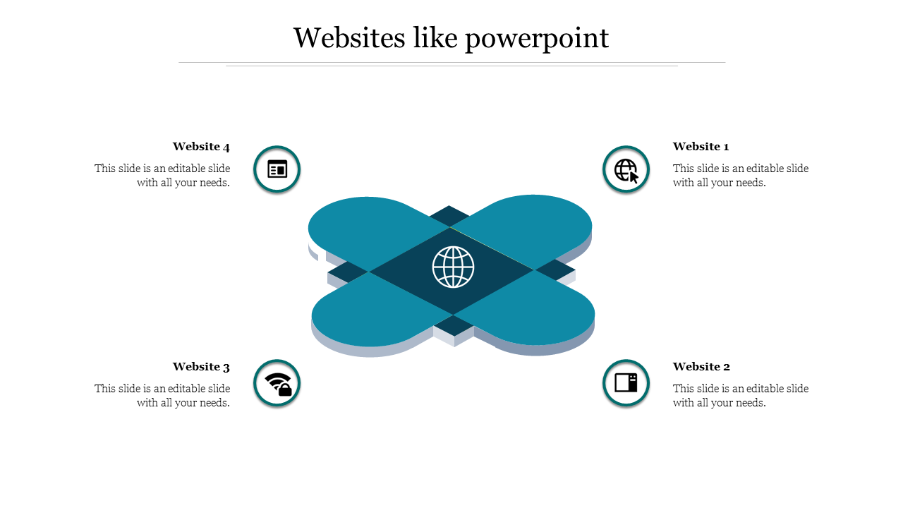 Websites slide with icons for four website categories around a central globe symbol on blue shapes.