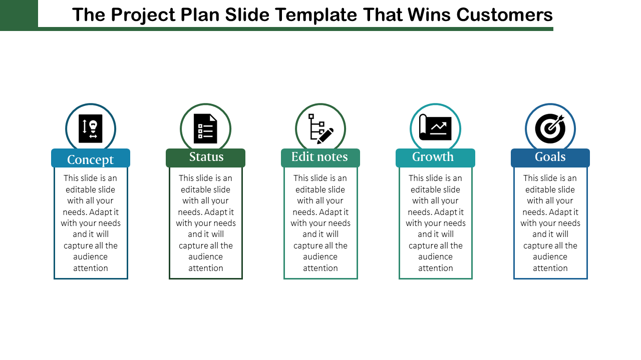 Horizontal layout showing five project categories with circular icons and text boxes with blue and green headers.