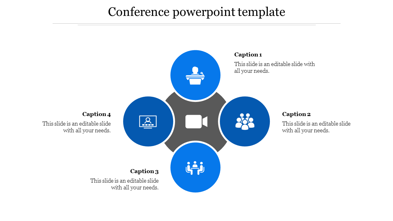 Conference themed PowerPoint slide with four blue icons surrounding a camera, each representing a different aspect.