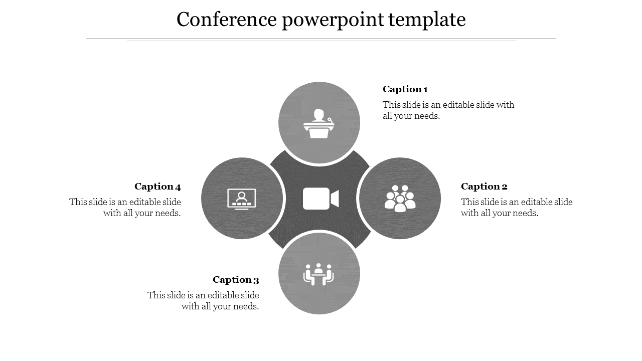 Circular gray infographic with a central video symbol, surrounded by four sections with icons and captions.