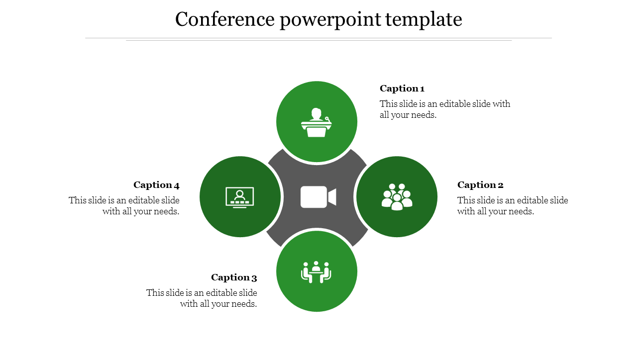 Conference template showing four circles linked to a center circle depicting podium, camera, group, and table.