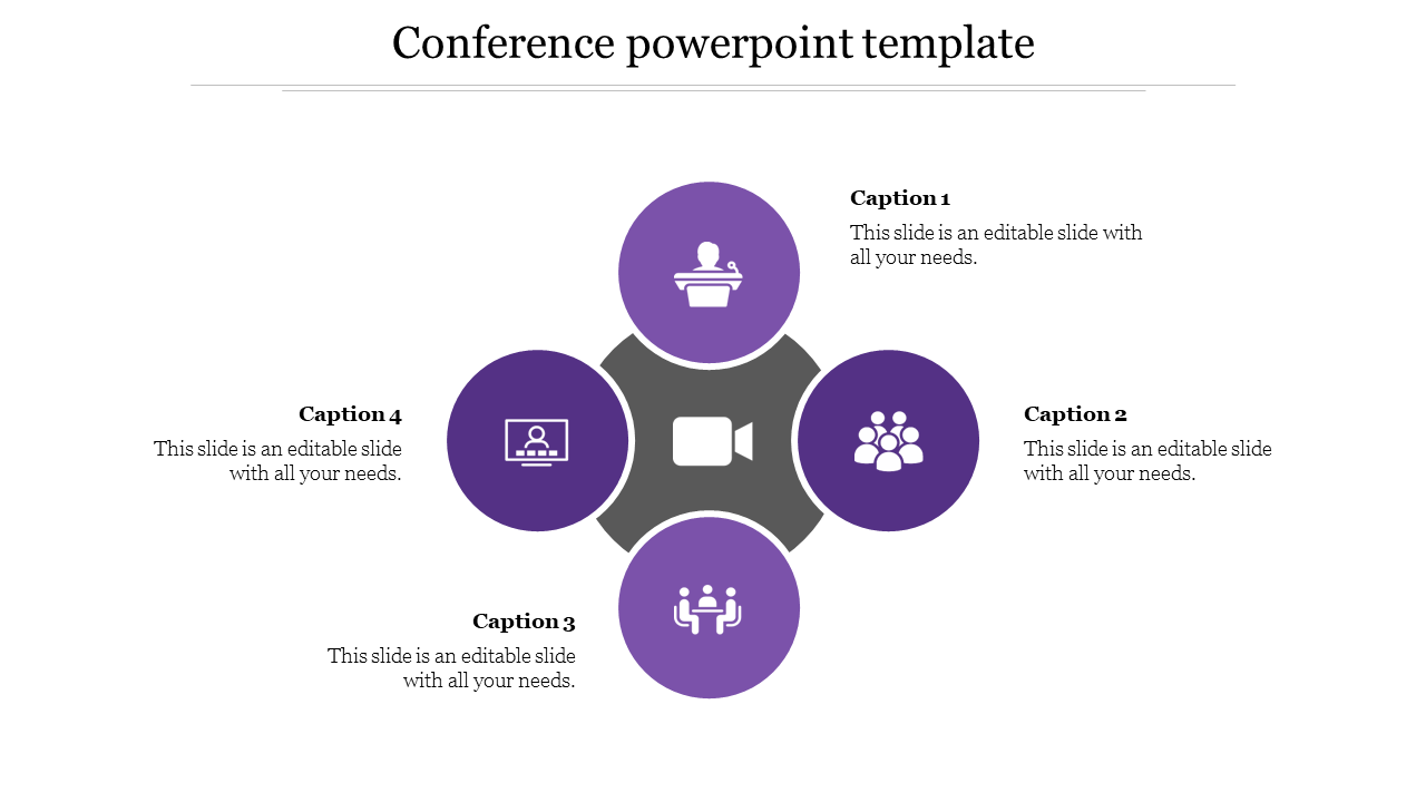 Conference slide with central video icon surrounded by four icons for presentation, group, meeting, and remote connection.