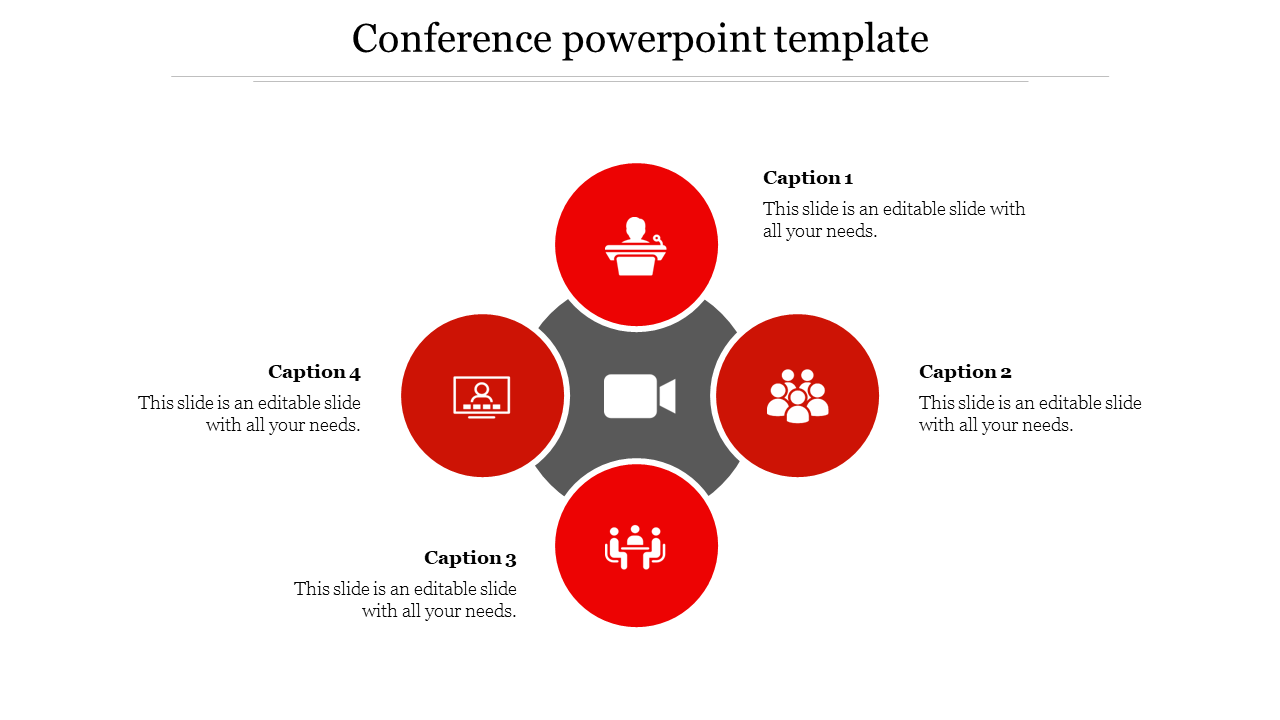 Conference themed PowerPoint slide with four red icons surrounding a camera, each representing a different aspect.