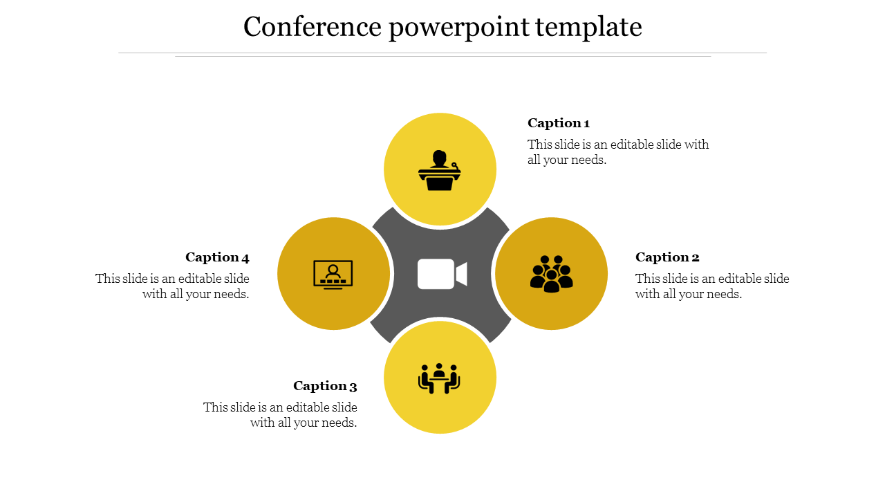 Conference themed slide with a central video icon and four surrounding yellow circles featuring different icons.