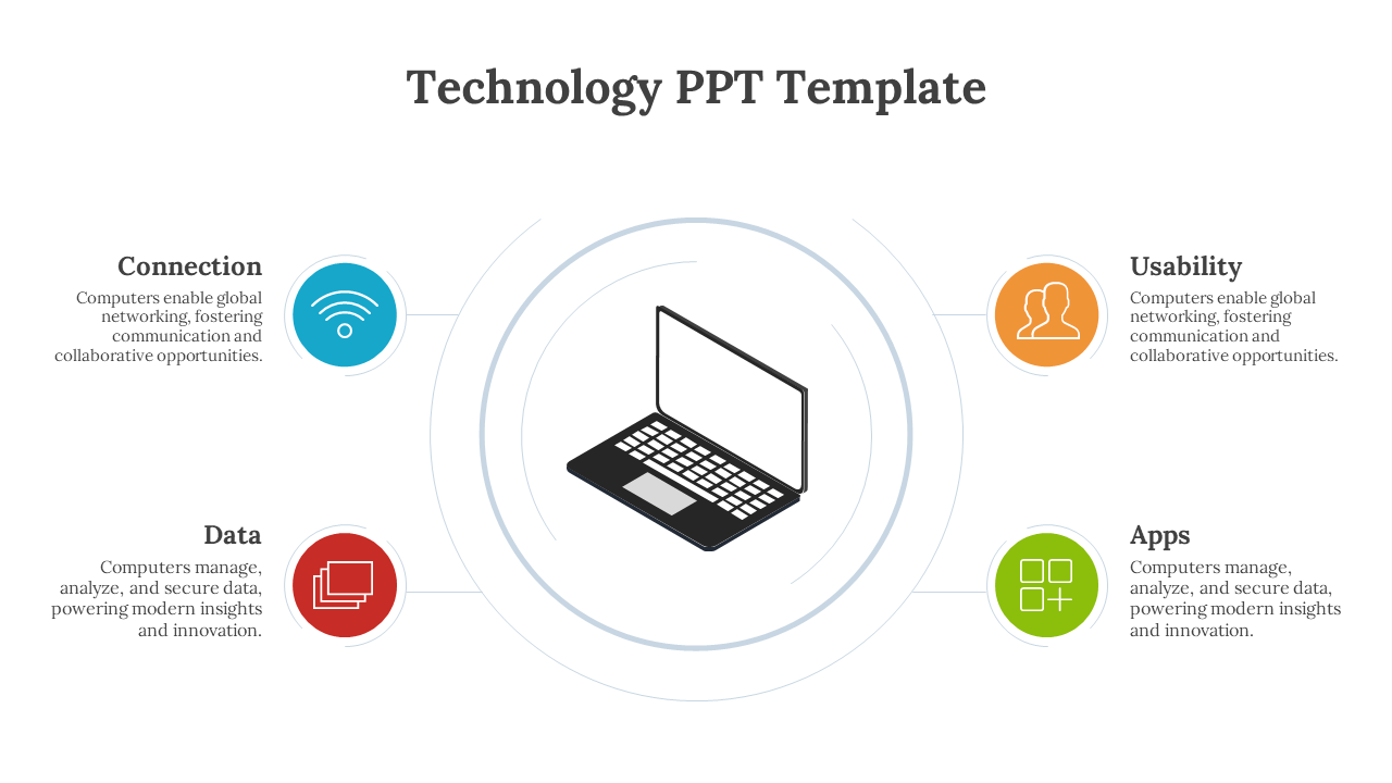 Laptop centered infographic with four surrounding circles in blue, orange, red, and green, illustrating technology topics.