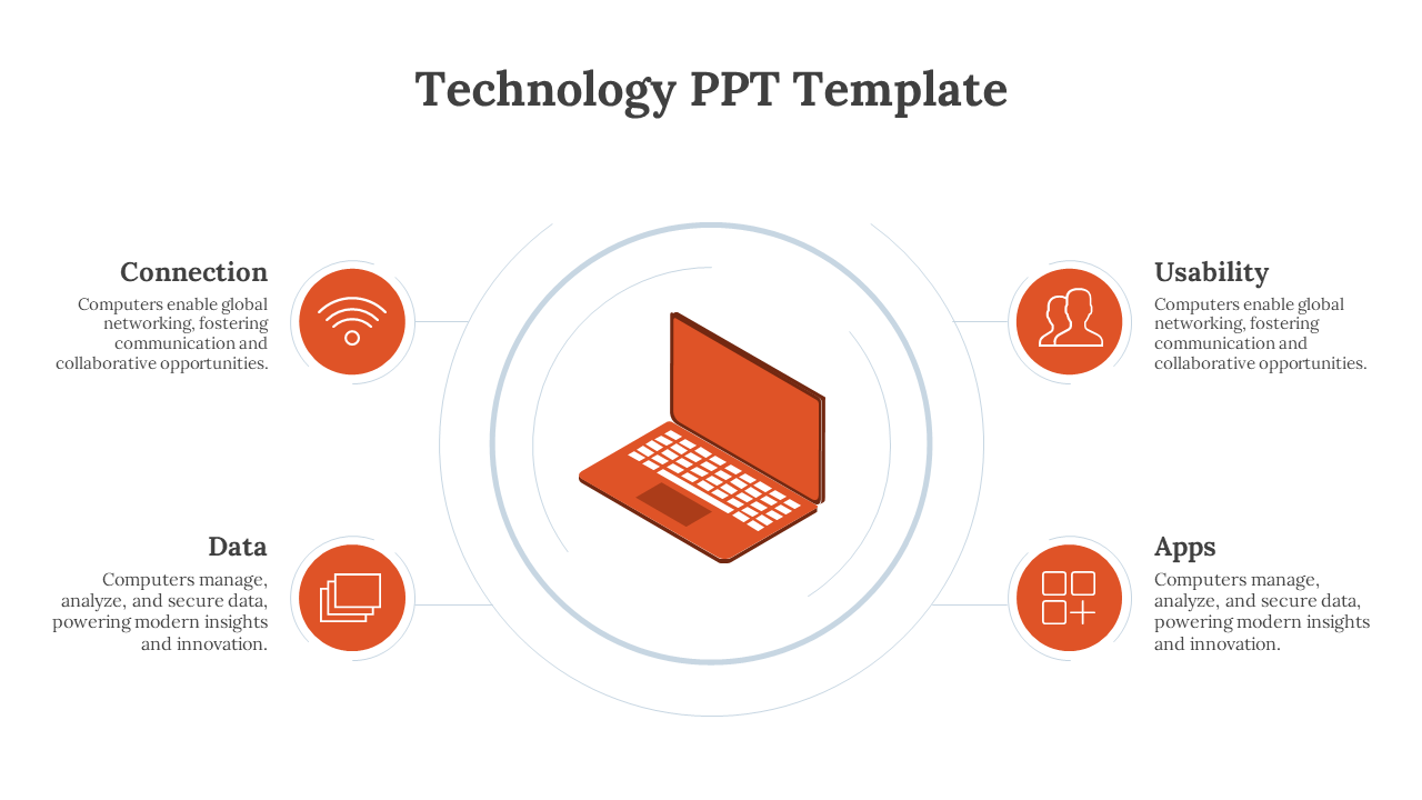 Technology PPT slide with sections on connection, usability, data, and apps, featuring a laptop graphic and modern icons.