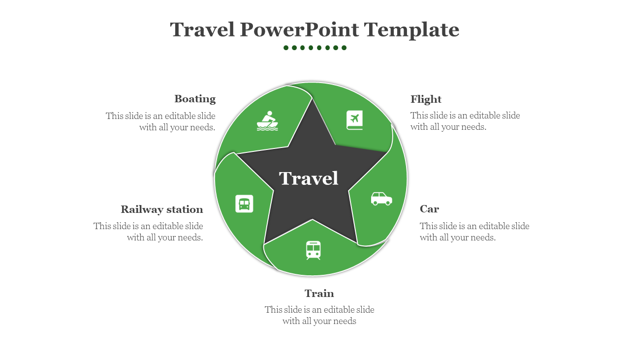 Travel PowerPoint design slide with a central label and five green icons representing different modes of transport with text.