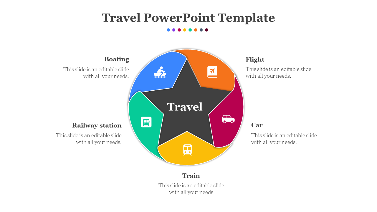 Travel template with a black star in the center and vibrant segments illustrating different travel modes.