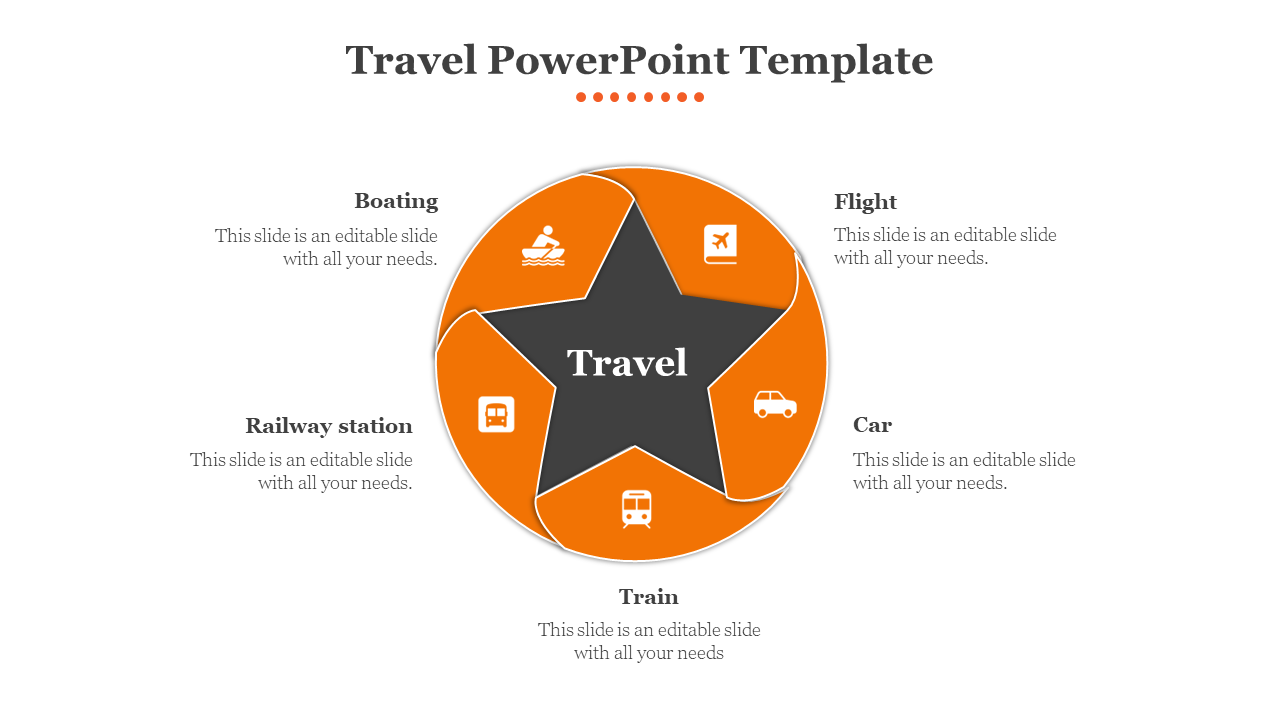 Travel template featuring a central star with caption areas and icons for flight, car, train, boating, and railway station.