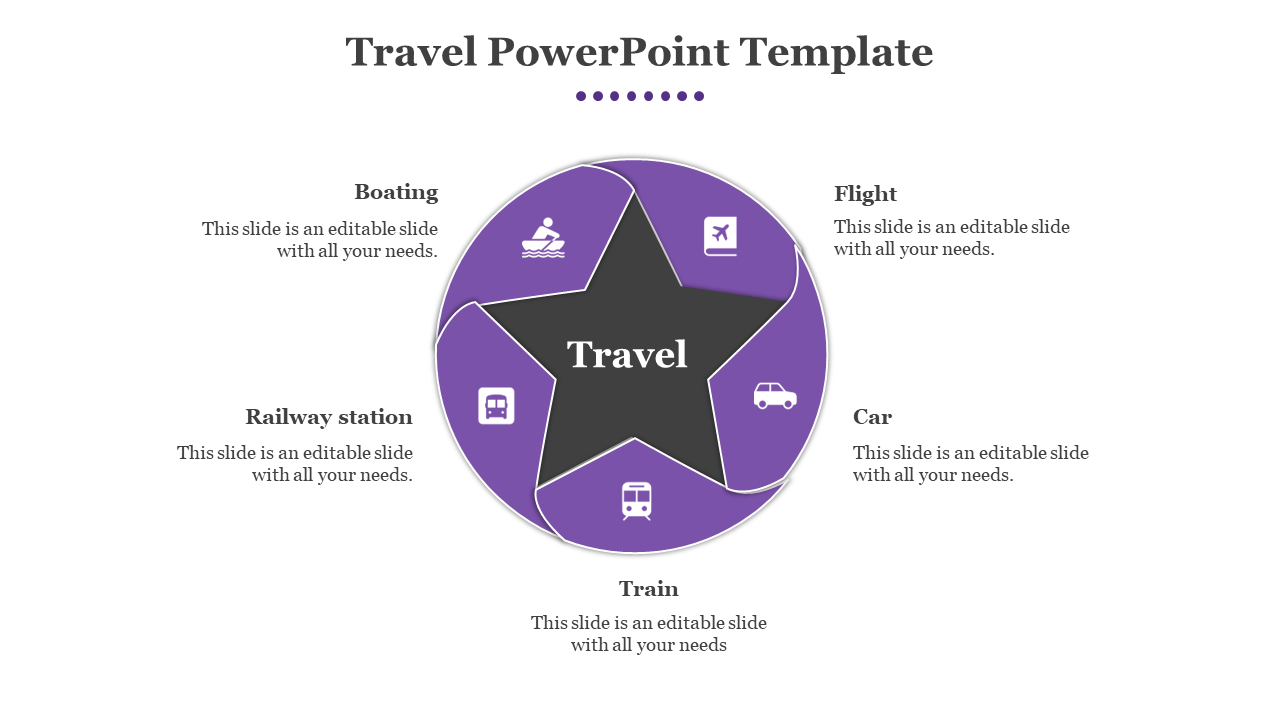 A star shaped core inside a segmented purple circle, each representing different travel types with matching icons.