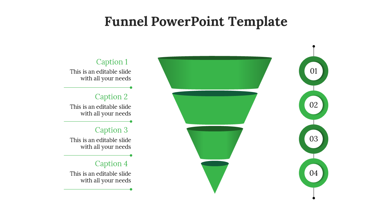 Four tiered green funnel with circular numbered markers on the right and text areas aligned on the left.