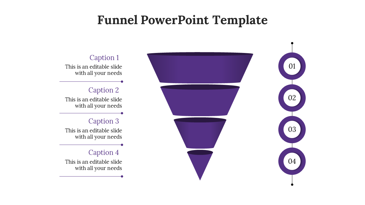 Slide with four layer purple funnel, numbered circles on the right and corresponding captions on the left.