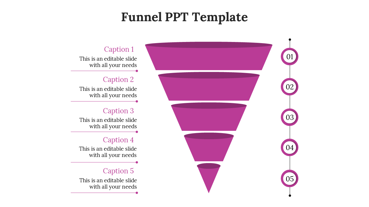 Purple funnel diagram PowerPoint slide with five labeled sections and matching captions on the left.