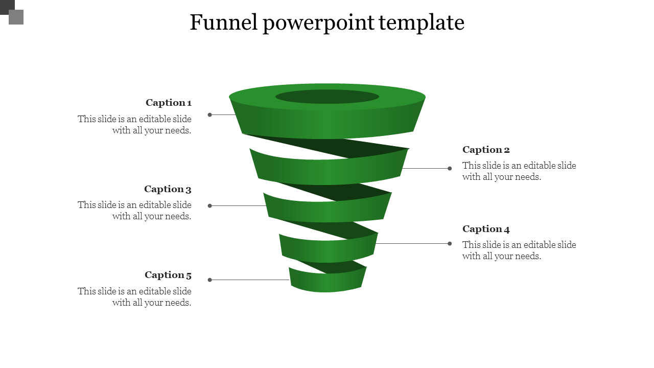 Green spiral funnel diagram with five labeled captions on a white background, showing a step by step process layout.