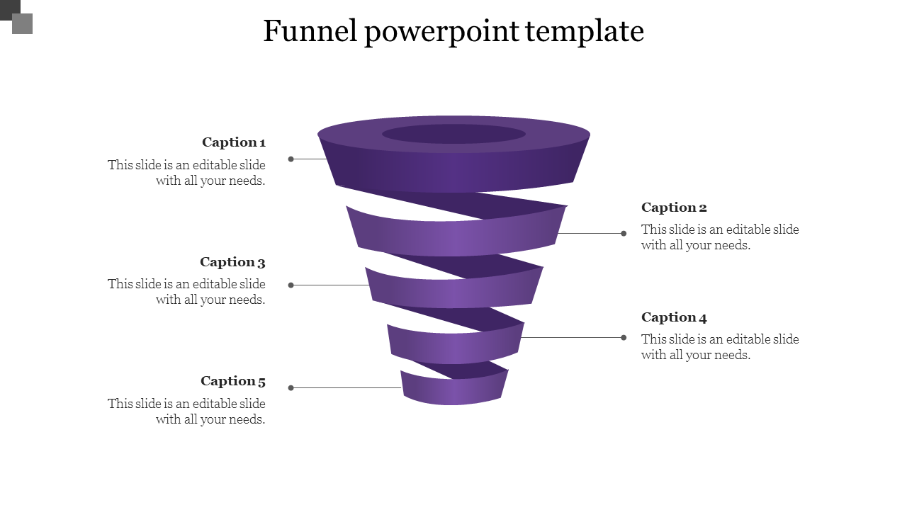 Funnel PPT template with numbered captions and a purple 3D funnel illustration with placeholder text on a white backdrop.