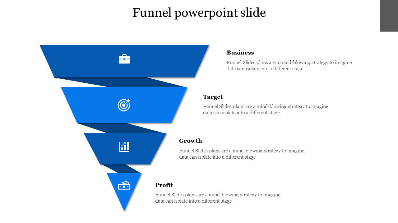 A blue funnel diagram with four descending layers, each labeled with icons and text sections on the right.