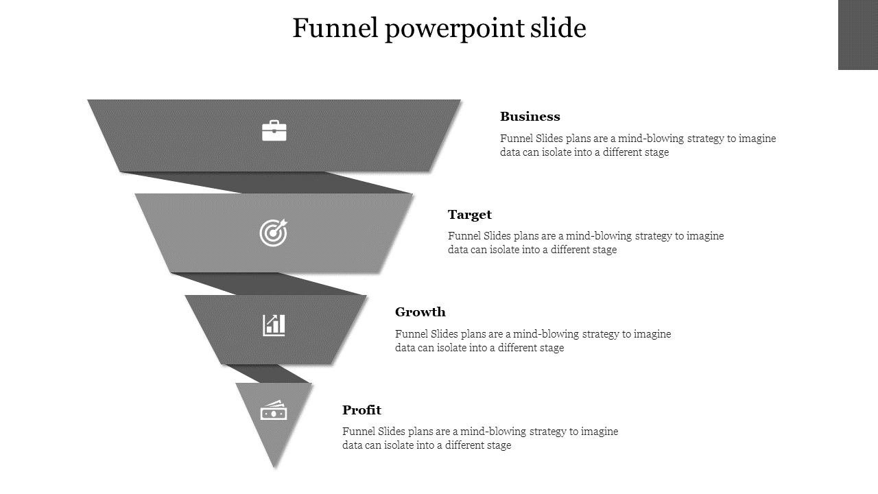 Monochrome funnel graphic with four segmented layers, paired with descriptions and related icons.