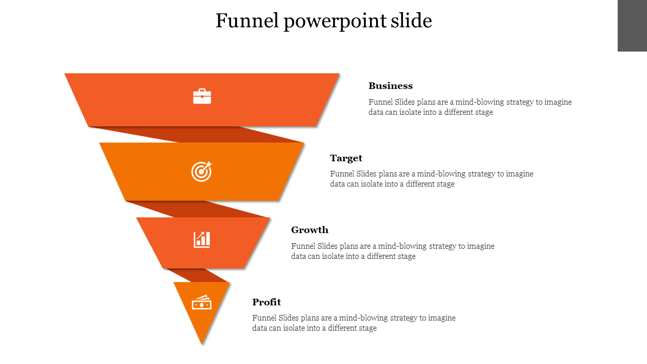 Funnel PPT slide illustrating four key stages from business to profit, with corresponding icons and descriptions.