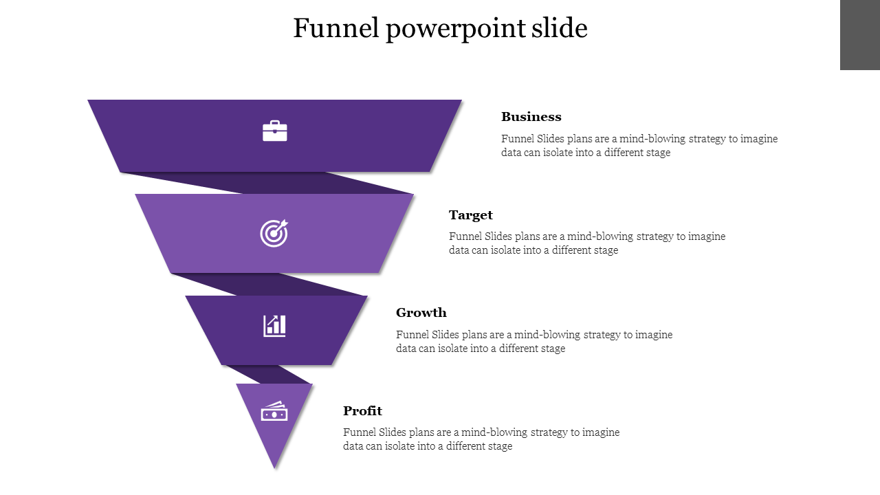 Purple funnel PowerPoint template illustrating four stages from Business to Profit, with related icons and placeholder text.