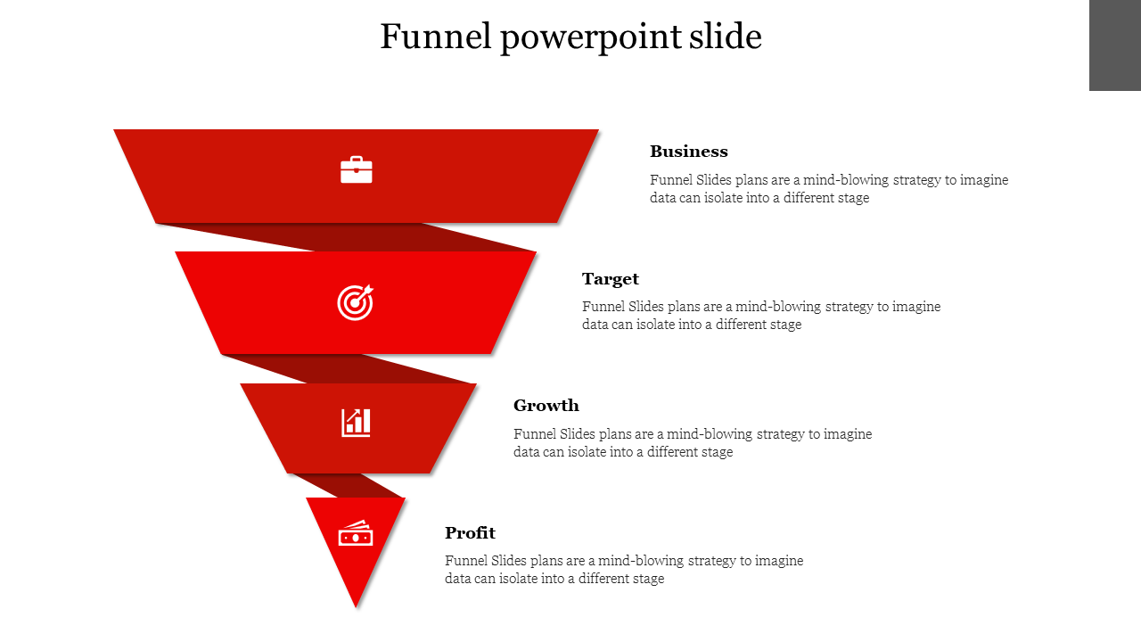 Red funnel slide with four descending sections labeled business, target, growth, and profit, each with an icon.