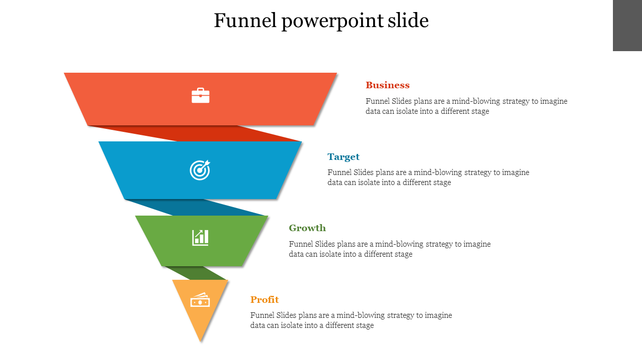 Colorful funnel chart slide with four stages each with icons representing the stages with text descriptions.