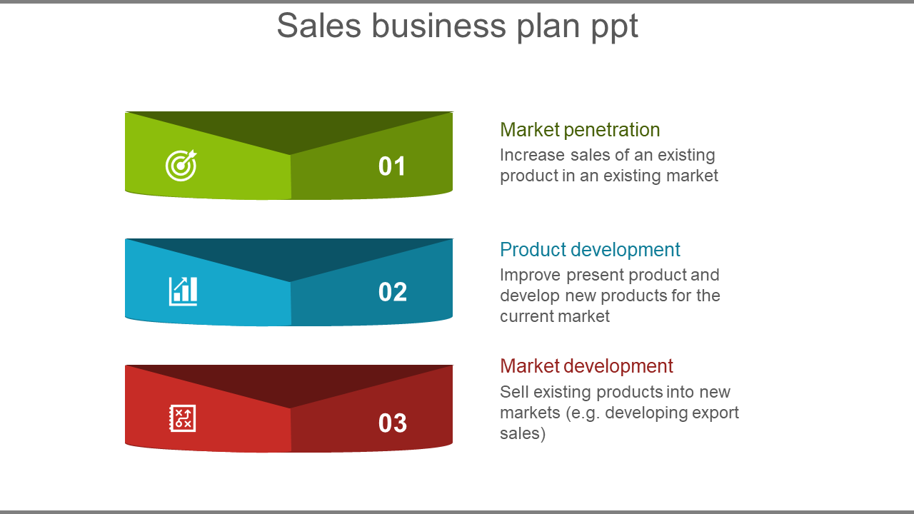 Three-step sales business plan with colour coded 3D blocks representing from market penetration, to market development.