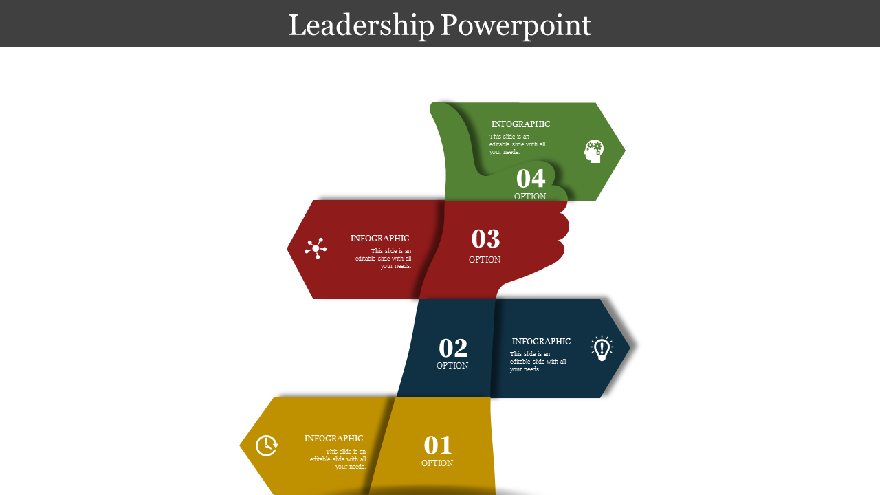 Leadership infographic with a thumbs-up design and four numbered options in green, red, blue, and yellow sections.