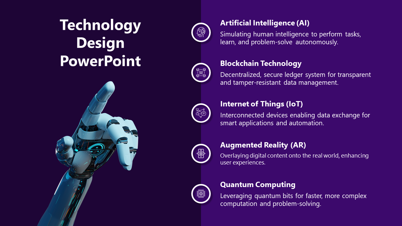 Purple slide with a robotic hand graphic and five technology-related text sections with matching icons on the right.