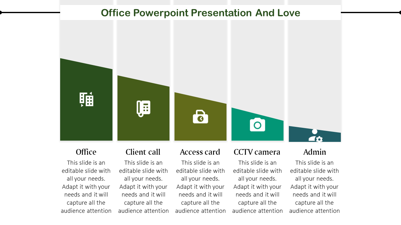 Office themed PowerPoint slide showcasing sections for office, client calls, access cards, CCTV cameras, and administration.