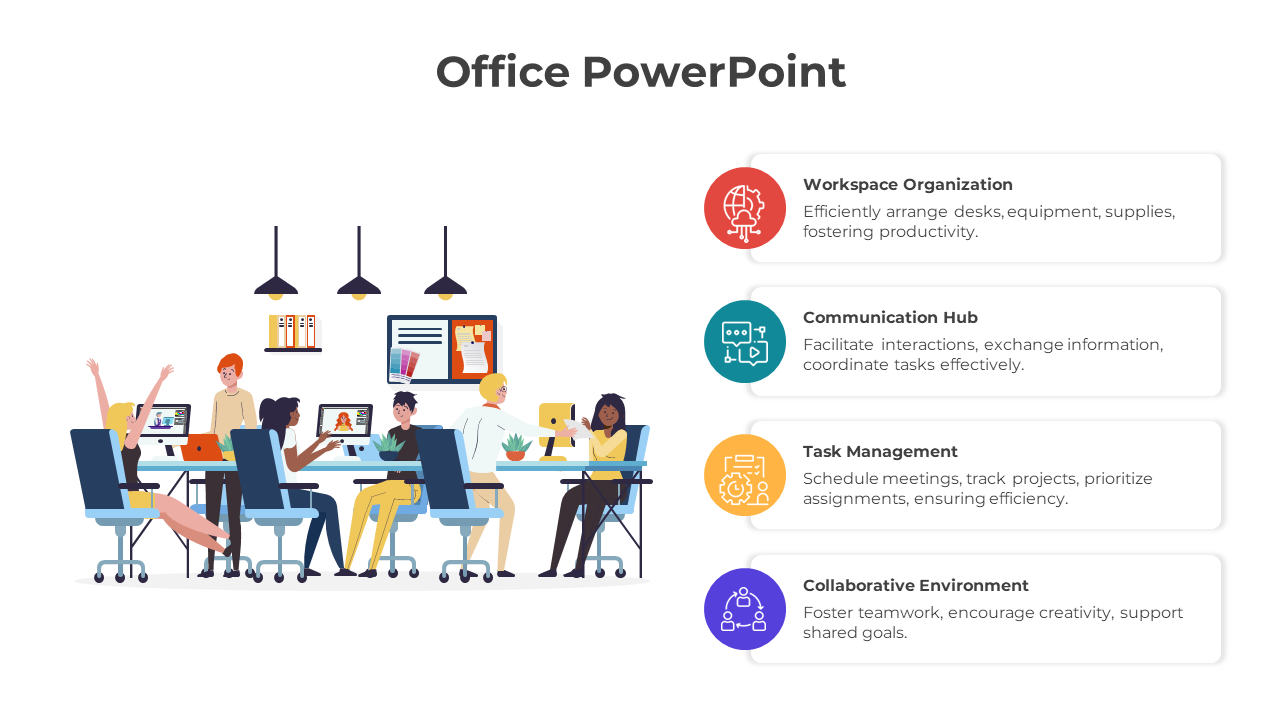 Office slide showing an illustration of diverse team working at desks, and four colored circular icons with text.