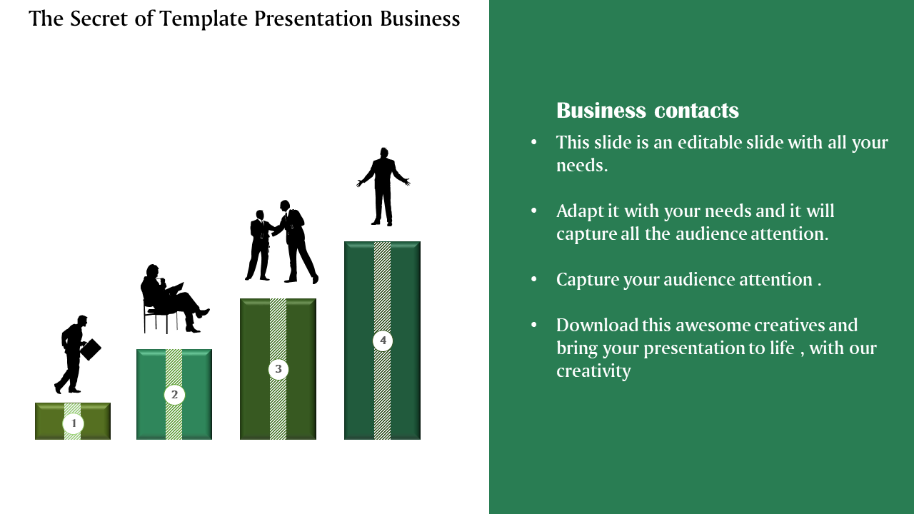 Four green gradient bars with numbered labels and silhouettes symbolizing business interaction and progress.