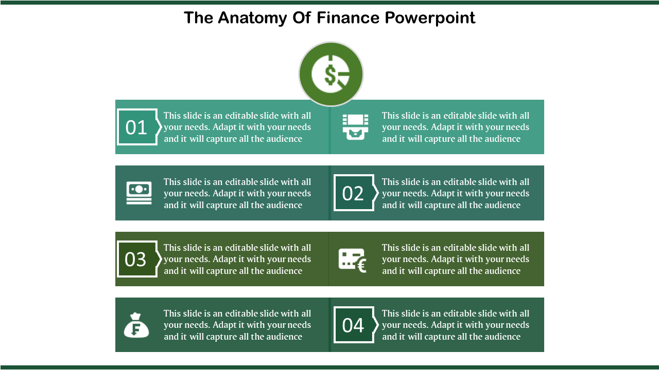 Finance themed PowerPoint slide with a central dollar icon and four rows highlighting financial concepts and steps.