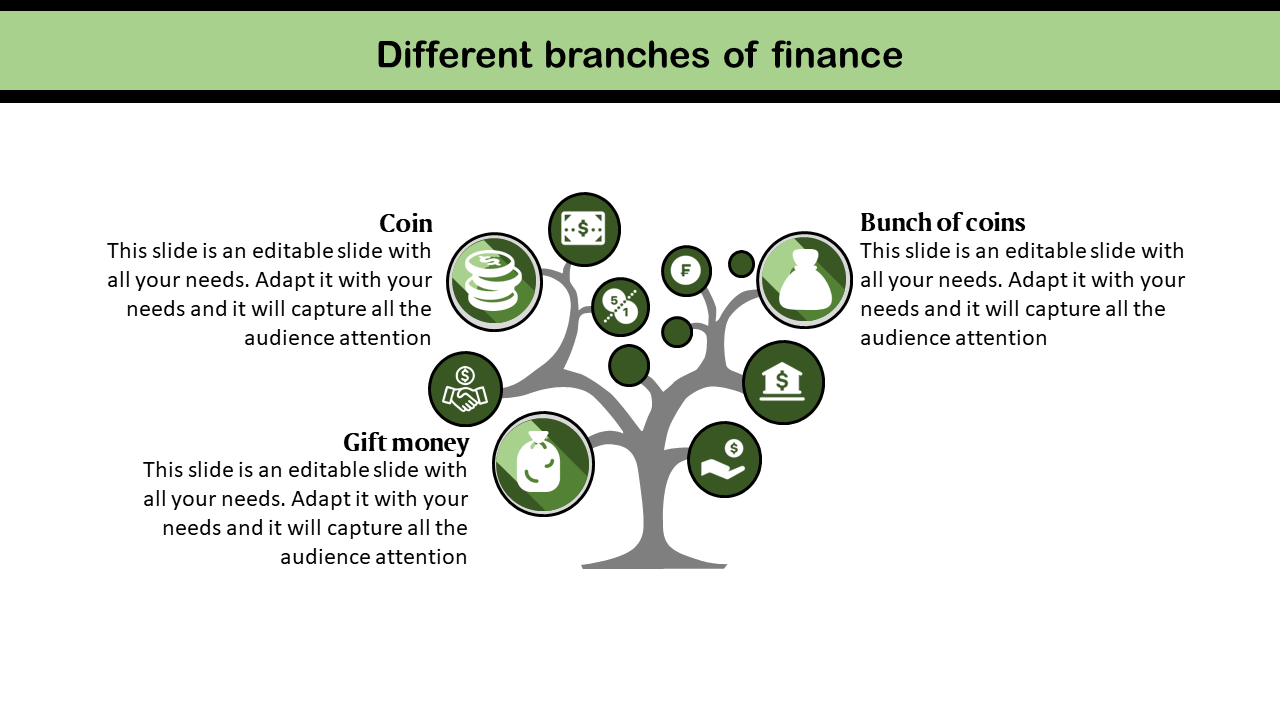 Illustrative tree with circular green icons for finance topics, and three captions, set on a white background.